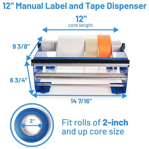 IDL Packaging 12" Manual Label and Tape Dispenser, 2" and Up Core Size, Adjustable Roll Width - Tabletop & Wall-Mounted Multi Roll Holder - Industrial Grade Steel Construction - Image 2