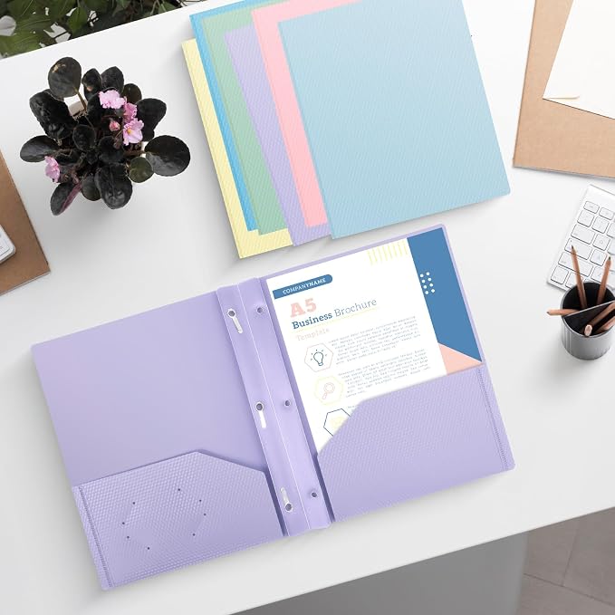 60-Pack Plastic andPockets and Prongs,2-Pocket and3 Fasteners, Pastel Folders Holds 8-1/2" x 11" Paper for School/Office/Home, Purple - Image 7