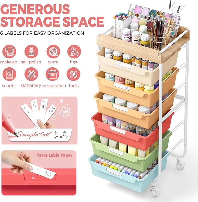 Utility Cart with 6 Drawers, Art Cart for Teacher Kid, Rainbow | Rolling Storage Cart for Crafters Artists Student Storage Arts Crafts & Study Supplies in Craft Room Dorm Classroom Kids Room - Image 6
