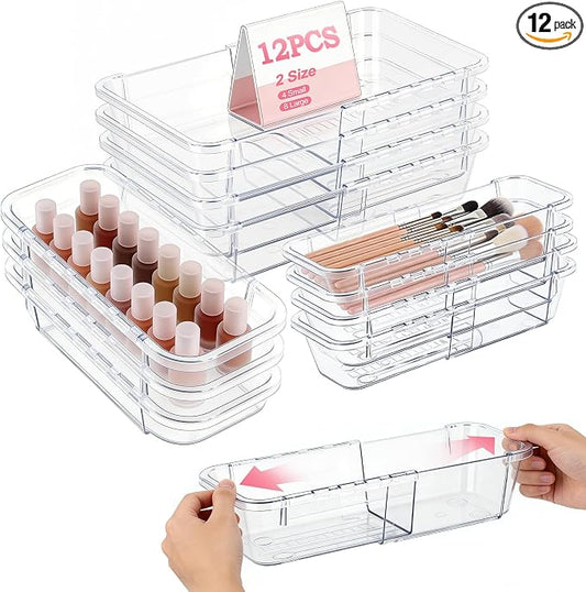 autumndeer 12 Pack Drawer Organiser Set, Adjustable Makeup Drawer Organizer, 2-Size Stackable Clear Plastic Storage Organizer Bins, Drawer Dividers Set for Vanity, Bathroom, Desk, Office, Bedroom by Unknown