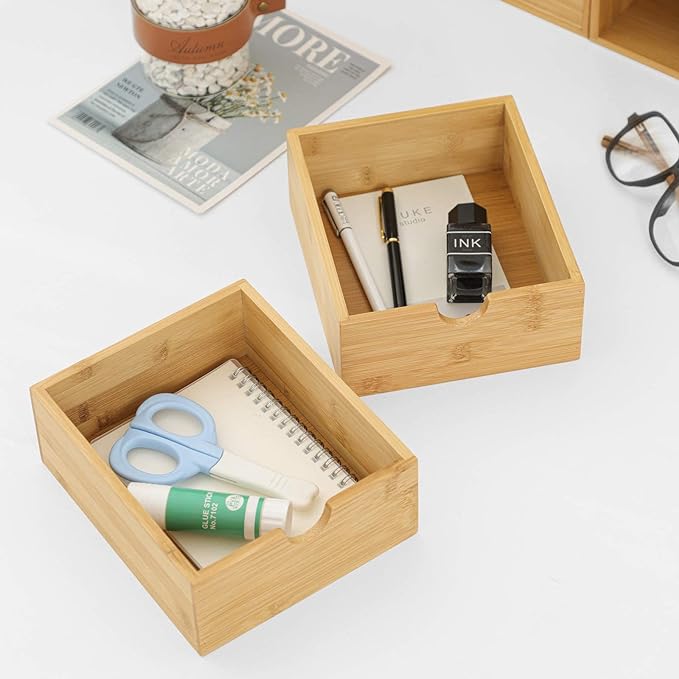 Bamboo Desk Drawer Organizer, Desktop Organizer with Drawers T(4 Drawes) | 4 Drawers Open Top Tray Fully Assembled Stores Pens, Notes, Makeup, Jewelry & Toiletries for Office, Vanity & Bath - Image 5