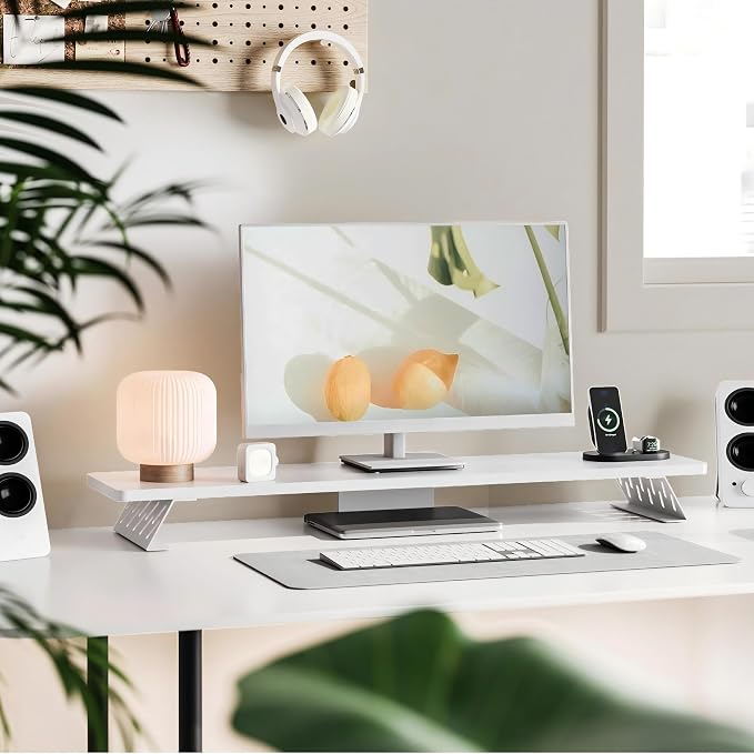 Fenge Monitor Stand Riser, Wooden & Metal Desk Shelf Organizer, White | 42.5 Inch Dual Monitor Riser for 2 Monitors, Multifunctional Monitor Shelf for Laptop, PC, Printer - Image 2