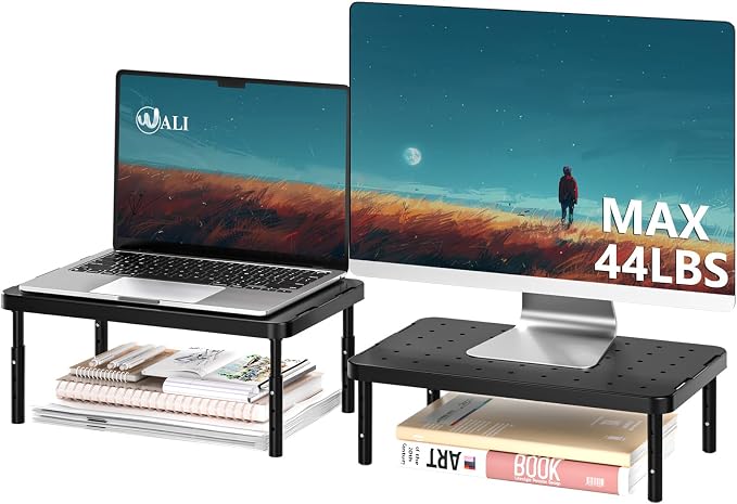 WALI Dual Monitor Riser for Desk, Adjustable Laptop Riser, up to 44 lbs | Computer Monitor Stand with Airflow Vents, Fits Monitors, Notebook, Printers, for Home, Office, School (PTT001‑2), 2 Pack by WALI