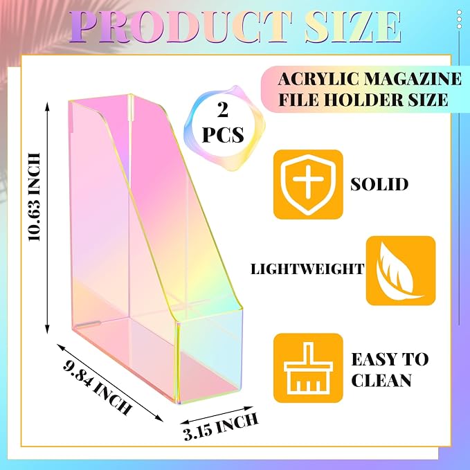 Engrowtic 2 Pcs Iridescent Vertical Magazine File Holder Acrylic Magazine Holder Storage Organizer Plastic Clear Acrylic Rack for Office Classroom Home Document Paper Book Collection Back to School - Image 3