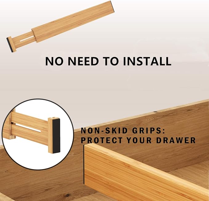 BAMEOS Bamboo Expandable Drawer Dividers – Fits 16.6"–22" Drawers, 2" High, Set of 4 | Spring-Loaded Bamboo Separator for Kitchen Island, Bathroom Vanity & Dresser Drawers - Image 7