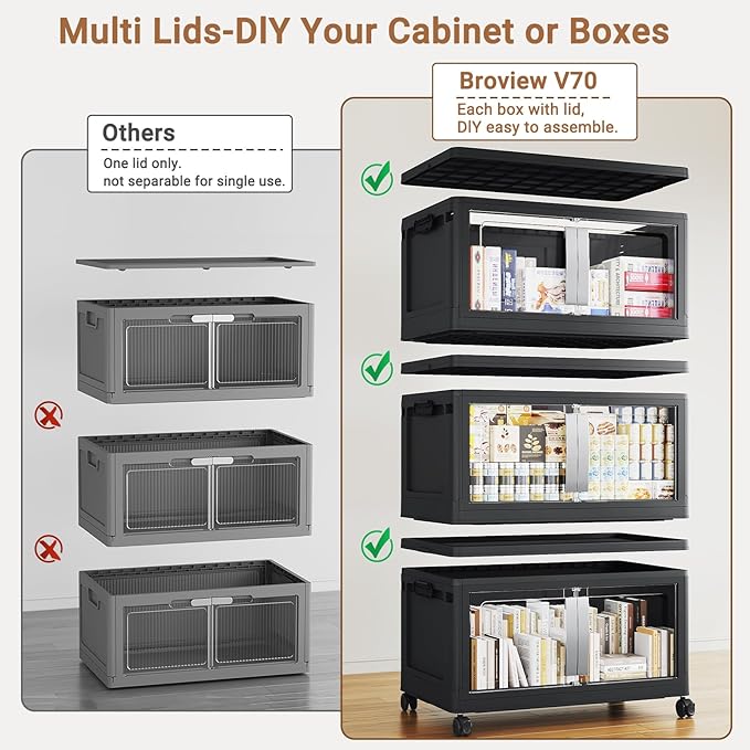 BROVIEW 800QT Stackable Storage Bins with Lids, 200Gal Extra Large Collapsible Storage Box with Wheel, Plastic Storages with Clear Door Open Front for Home Kitchen Garage, Black-5pack(5 lids) - Image 3