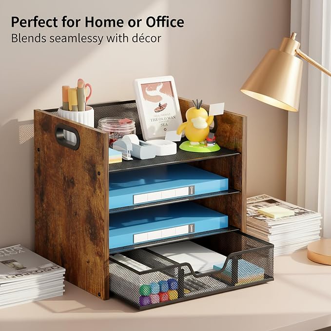 Desk Organizer - 4 Tier Desktop File Organizer with Drawer, Wooden Paper Tray Organizer, Office Desk Accessories Organizer for Papers, Mail, Notebooks, Stationery - Image 4