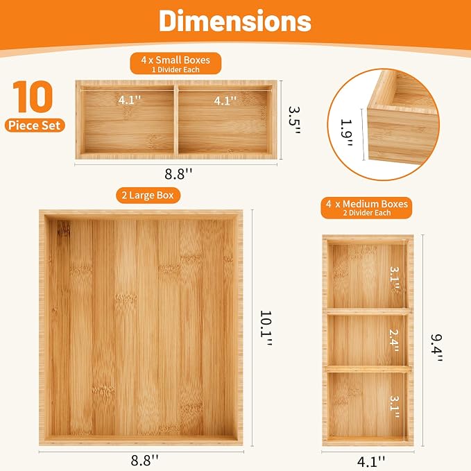 Bamboo Drawer Organizer, 10-Piece Stackable Trays with Removable Dividers | Junk drawer organizer, assorted tray sizes, 10-22 customizable compartments, nestable, kitchen utensils, bathroom, office - Image 2