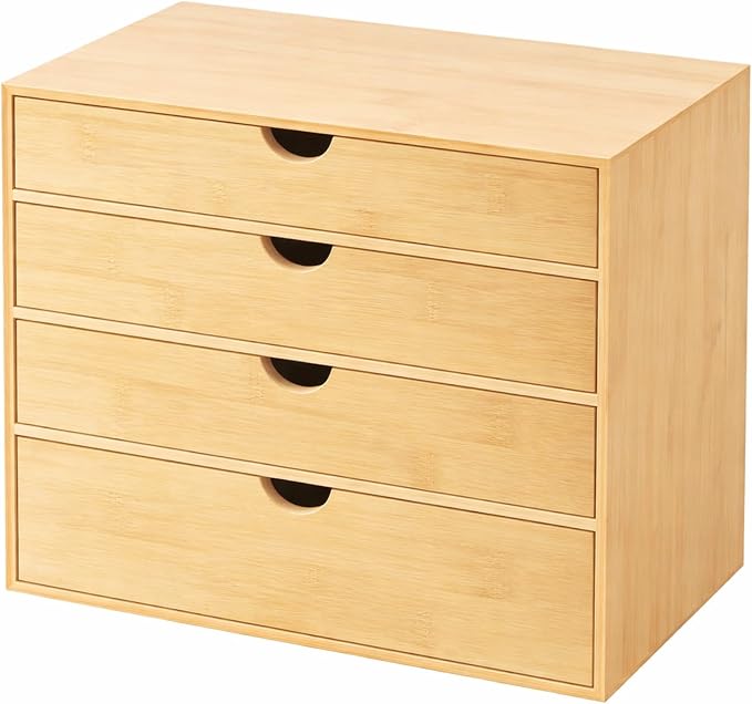 Neando Bamboo Desk Organizer with Drawers, 4-Tier Wooden Desk Organizer, Small Desktop Storage for Office Supplies, Makeup, Accessories, Space-Saving Organizer for Desk, Vanity & Home by Neando