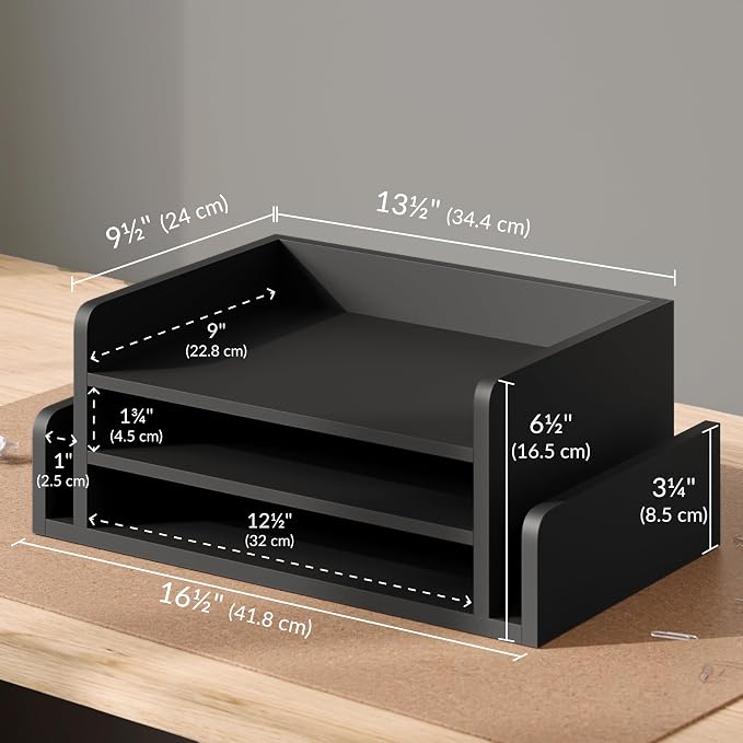 Ballucci 3-Tier Desk Organizer with 2 Side Mail Sorter Slots, Wood Letter Tray, Open Top Paper Organizer, Desktop File Organizer, Black - Image 3