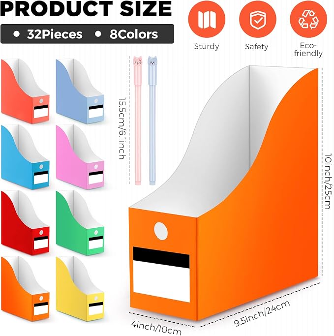 32 Pcs Magazine File Holder Set Including Colored Foldable Desk File Holder Organizer White Label Stickers Cat Pen Cardboard Magazine Storage Box for Document School Office(Solid,Classic) - Image 2