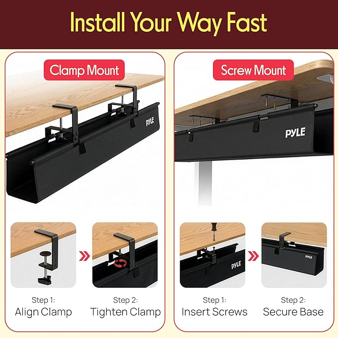 Pyle 36" Under Desk Cable Management Tray, Under Desk Wire Organizer with Clamp or Screw Mount, Desk Cable Organizer with Fabric Design for Large Workstations, Built-in Ties, 20 lb Capacity, Black - Image 4