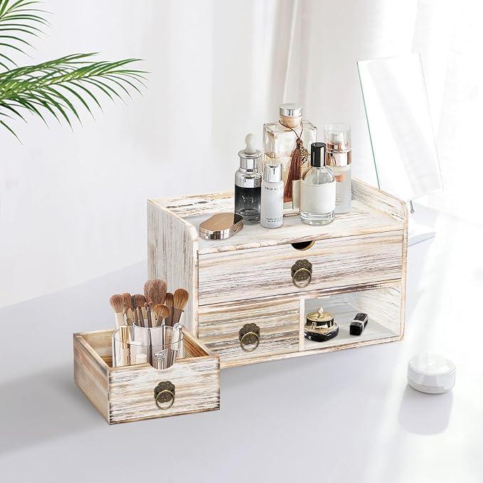 Wood Desk Organizer with Drawer, Vintage Brown Wooden Desktop Organizer, Tabletop Storage Organization Box for Countertop, Home Office Supplies, 13.5x6.6x8.2 Inch(3 Drawer and Shelf) - Image 8