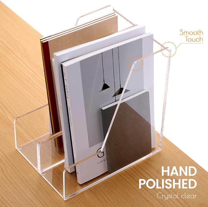 HeZone Magazine Holder, Clear Acrylic Desk Organizers, File Organizer for Desk, Magazine Rack- Desktop Book Storage -Independent Vertical 1 Space-2 Pack - Image 5