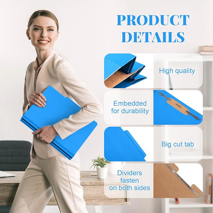 AmazingSpark 24 Pcs Classification Folder Letter Size Bulk 1 Divider Pressboard File Folder with Expansion 2 Prong Fastener Heavy Duty Office File Organizer for School Medical Document(Business Blue) - Image 3