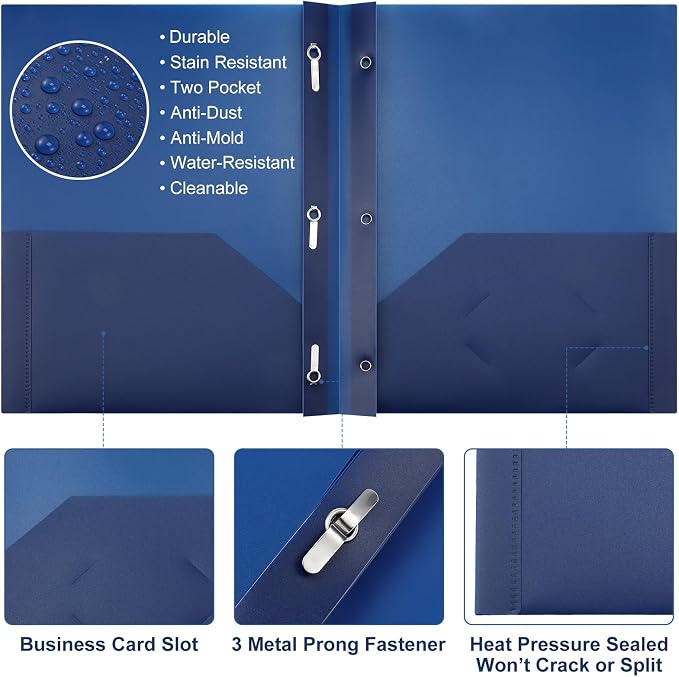 Cholemy 72 Packs Pocket Folders with Prongs Heavy Duty Plastic Folder with Business Card Slot 3 Prong Fasteners for School Office (Navy Blue) - Image 3