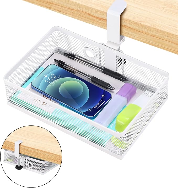 ROSYLINE Under Desk Storage Basket Hanging Drawer Tray, Clamp On Organizer | Thickened C-Clamp, High Load No Deformation Sag-Proof, Steel Construction, Clip-On No Drill Mount, Office & Household Storage by ROSYLINE