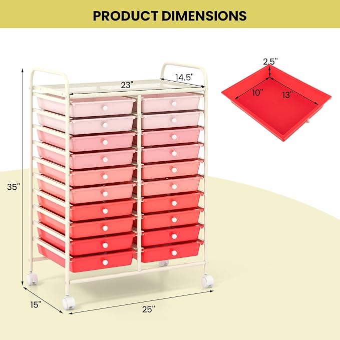 Giantex 20 Drawers Rolling Cart, Mobile Storage Drawer Cart, Classroom Organizer Cart for Office School Supplies Teacher Tools Paper Craft Small Printer, Utility Cart on Wheels, Gradient Pink - Image 3