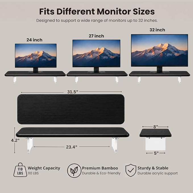 Bamboo Monitor Riser, Wide Desktop Monitor Stand for Desk with Clear Acrylic Legs, 31.5 x 8 inch Bamboo Wood Shelf, Fit Keyboard, Home Office Workspace Accessories,Study Stationaries Storage (Black) - Image 2