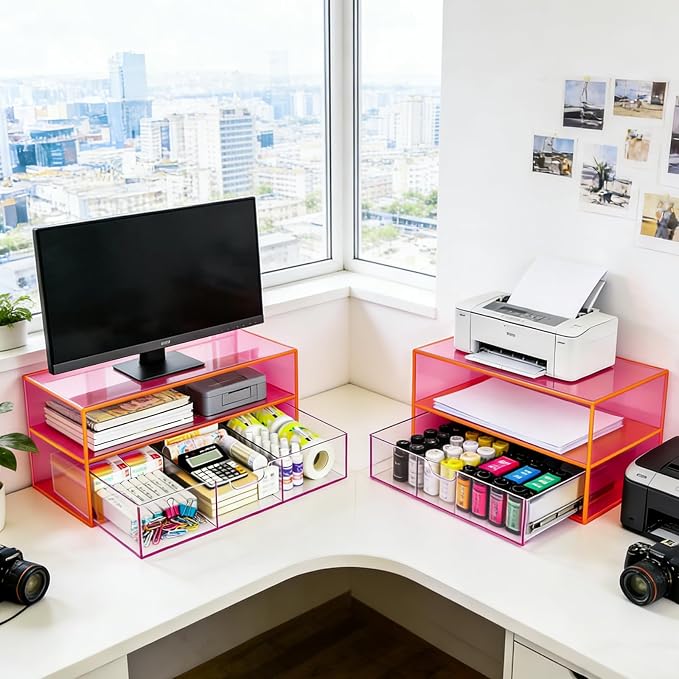 Gelite Acrylic Computer Monitor Stand for Desk Monitor Riser with Drawer Desktop Monitor Shelf with Storage, Neon Pink - Image 5