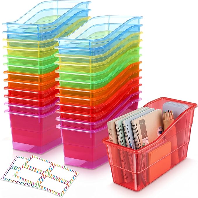 Blosssound 24 Set Book Bins for Classroom with Label Sticker Book Box Baskets Plastic Stackable Organizing Bins Storage & Organization for Classroom Library Home School Supplies (Translucent Colorful) by Blosssound
