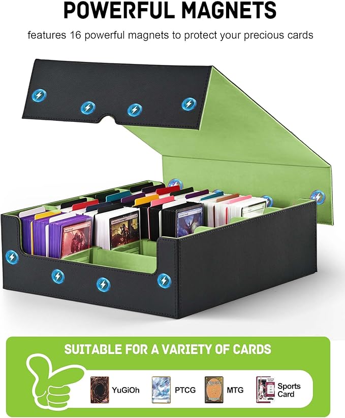 ZLCA Card Storage Box for MTG PTCG, Commander Deck Box Holds 3200+ Cards, Trading Card Storage Case with 4 Stoppers, Card Organizer for TCG Sport Cards(Black&Green) - Image 4