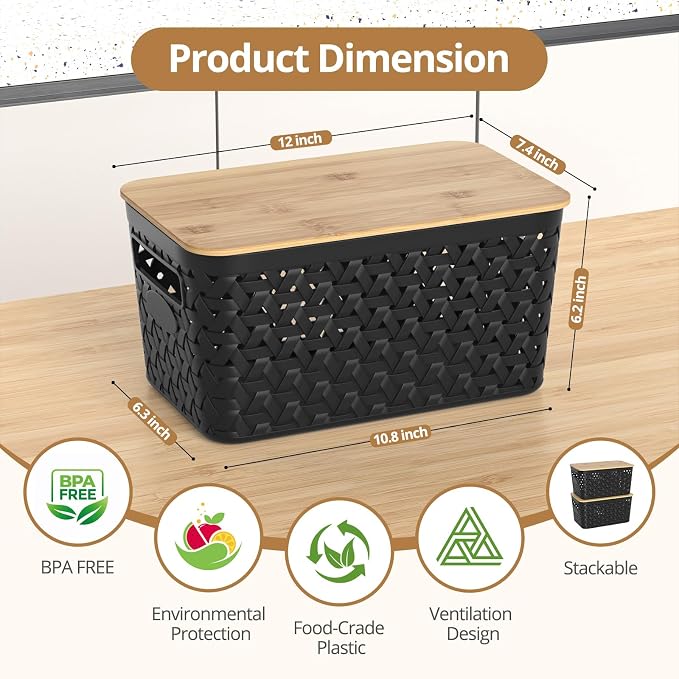 Plastic Storage Bins with Bamboo Lids, Stackable Small Box Baskets for Organizing and Containers for Shelves Drawers Desktop Closet Pantry Classroom Office Home, 4 Pack 12x7.3x6.2 Inch, Black - Image 2