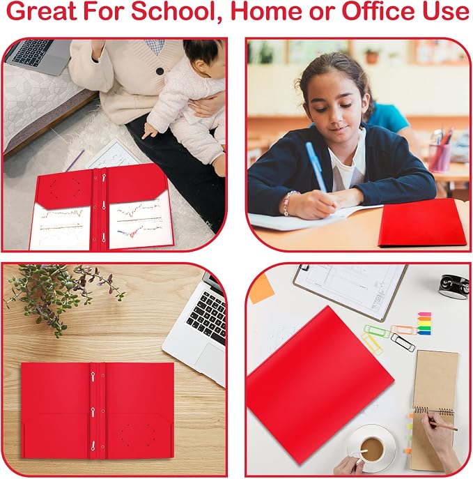 Heavy Duty Plastic Folder, 60 Pack, Pocket Folder with brads, Letter Size Poly File, Plastic Folders with 3 Prongs Fasteners - Red - Image 6