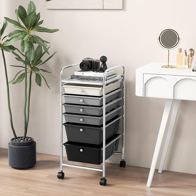 COSTWAY 6-Drawer Rolling Storage Cart, Art Craft Tools Organizer on Wheels | Multifunctional Heavy Duty Utility Mobile Storage Trolley w/ 2 Lockable Wheels for Home Office School (Mixed Black) - Image 2