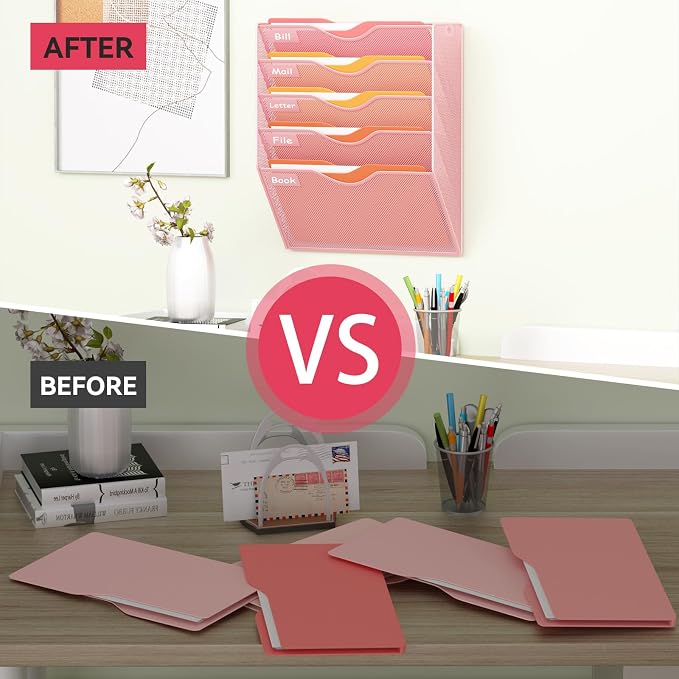 5 Pockets Hanging Wall File Organizer Mail Holder, Wall Mounted Paper Document Folder Holder, Clipboard Storage Organization Magazine Rack, Pink - Image 5
