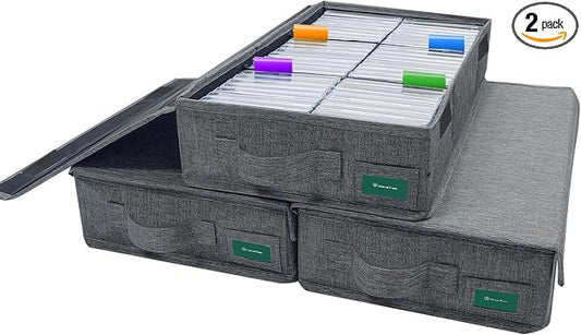 Cassette Tape Storage Box Pack of 3, Durable Cassette Tape Holder 16.34 x 9.25 x 3.54 Inch with Lids and Index Labels to Store 144 Cassette Cases - Gray by TWaveTree