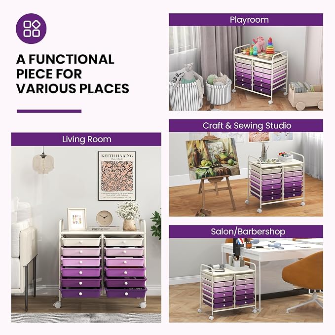 Giantex 12 Drawers Rolling Cart, Mobile Storage Drawer Cart, Classroom Organizer Cart for Office School Supplies Tools Scrapbook Paper Craft Small Printer, Utility Cart on Wheels, Purple Gradient - Image 5