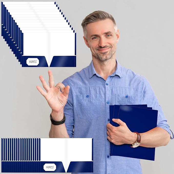 Jutom 50 Pcs 2 Pocket Glossy Paper Folders Glossy Paper Laminated Portfolios, Letter Size, Presentation Folders with Pockets for Office Teacher Worker Supplies(Blue Color) - Image 4