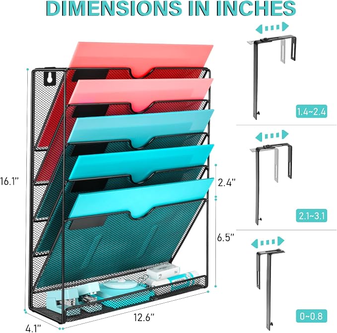 Wall File Organizer, 10 Pockets and 6 Pockets Mesh Hanging File Organizer, Wall Mount File Holder With Hooks, Wall Organizer Magazine Rack for Office Supplies - Image 5
