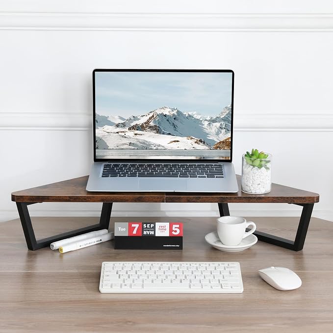 TEAMIX 26 inch Corner Monitor Stand Riser with Keyboard Storage, Espresso | Triangle Monitor Stand, Wood & Metal Computer Stand, Laptop Riser, Desktop Organizer, for L Shaped Desk, Home Office & Gaming - Image 2