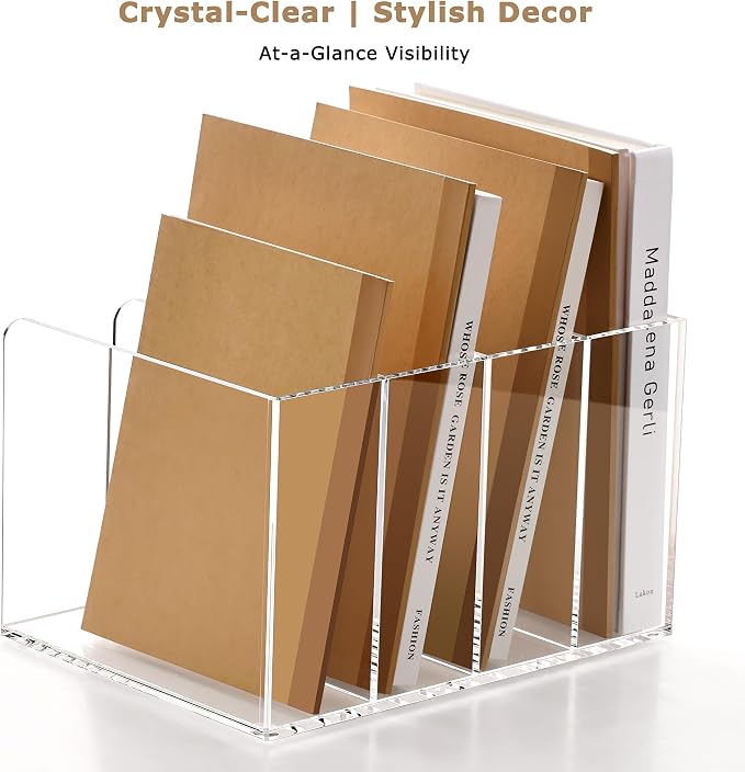 YUXUN Clear Acrylic Magazine File Holder, 4 Compartment Vertical Desk Organizer, 5mm Thick Document Sorter with Non-Slip Base, No Assembly for Office Home Classroom, Holds Binders, Books, Tablets - Image 7