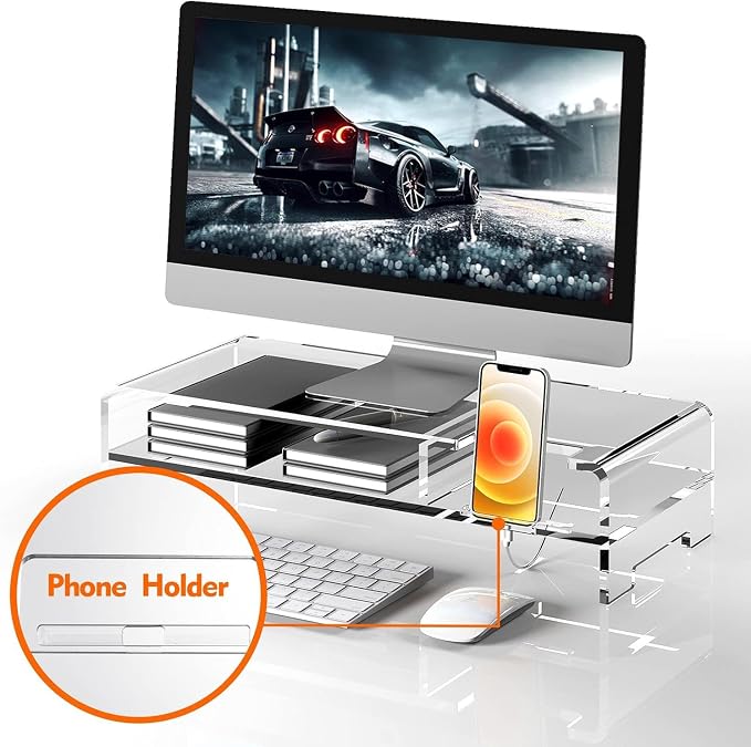 BEYGORM Acrylic Monitor Stand for Full Keyboard, 20" Wide 2-Tier | Clear Riser with Storage Shelf and Phone Holder, Desktop Organizer for Laptop, Printer & Screen - Image 6