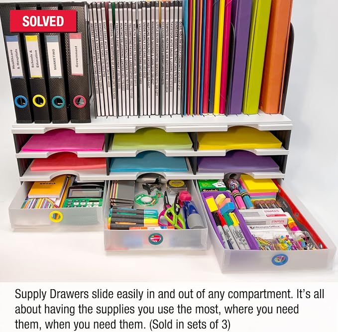 Ultimate Office TierDrop Supply Drawers, 9w x 12d x 2.25h, Set of 3, Clear | Color-coded finger rings for easy access to contents; stores desk accessories and supplies; designed for TierDrop organizers - Image 3