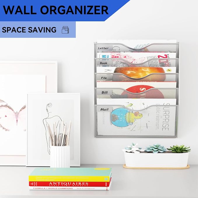 5 Pockets Hanging Wall File Organizer Mail Holder, Wall Mounted Paper Document Folder Holder, Clipboard Storage Organization Magazine Rack, Silver - Image 2