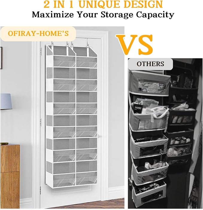 Over The Door Organizer 6 Tiers, Extra Large Behind Door Storage of 12 Compartments, 80 lbs Weight Capacity Hanging Storage Organizer with Clear Window Kids Toys,Shoes,Diapers,Room Storage,Light Grey - Image 4