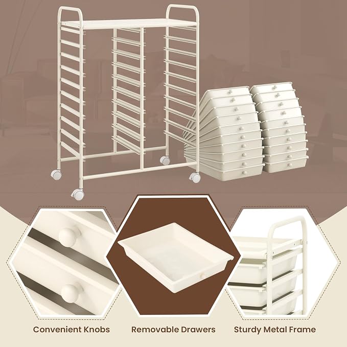 GOFLAME 20-Drawer Rolling Storage Cart, Multifunctional Art Craft Organizer, Mobile Utility Storage with Removable Drawers & Lockable Wheels, Craft Cart for Home Office, White - Image 6