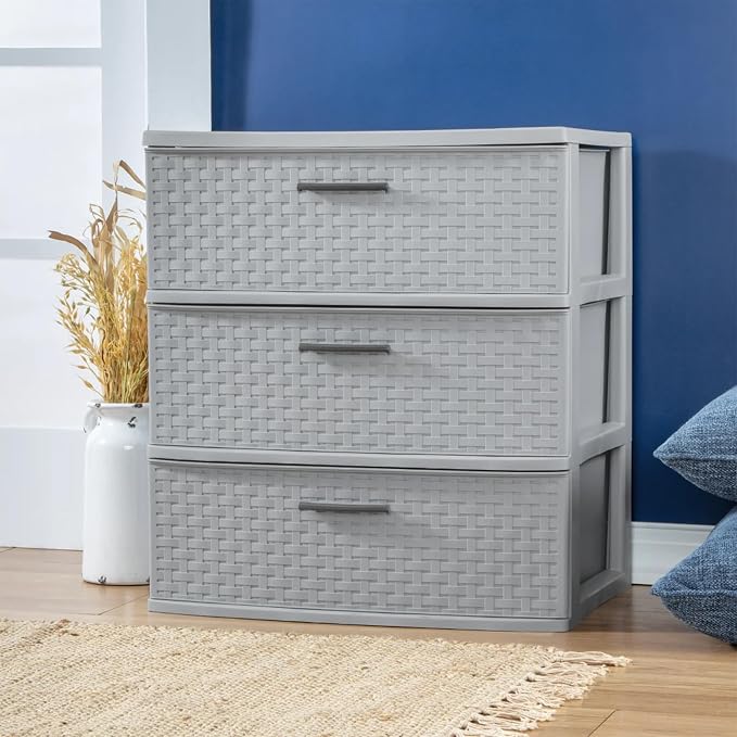 Sterilite 3 Pack 3 Drawer Wide Storage Tower, Weave Organizer, Cement | Lightweight Opaque Home Organization Container for Bedrooms, Closets, or Bathrooms - Image 2