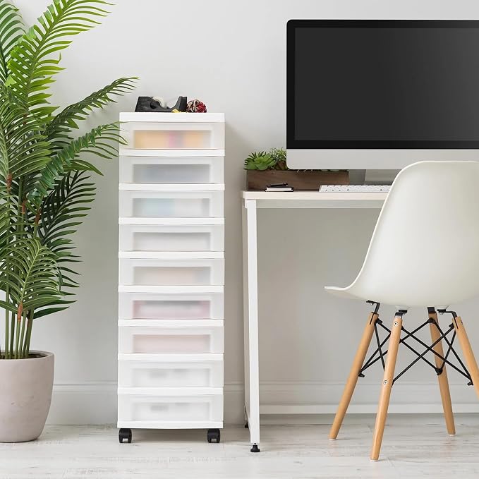 9-Drawer Slim Plastic Storage Cart with Divided Organizer Top, Mobile Rolling Storage Unit on Casters for Office, Bedroom, Craft Room, White (14.4”L x 12.2”W x 37.9”H) - Image 2