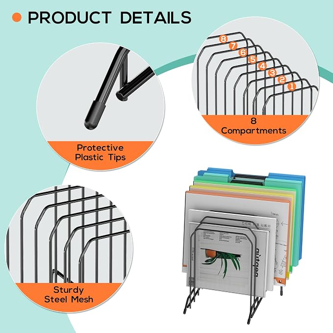 Incline Sorter Desk File Organizer, Metal Desk Magazine Folder Holder with 8-Section Vertical Compartments Rack File Organizer for Office, Home, School - Image 5