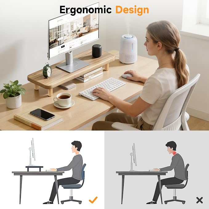 Monitor Stand Riser, 24 Inch Wood Desk Organizer with Monitor Stand & Storage Computer Monitor and Laptop Riser Multifunctional Laptop Stand Desk Organizer for Office Home Screen/Laptop/PC (Light Walnut) - Image 8