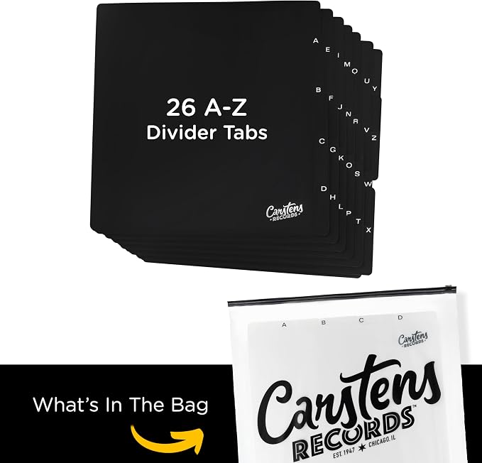 Carstens Records Heavy Duty Vinyl Album Dividers A-Z | Single Sided Printing | 12" LP Organizers with Tabs | Pack of 26 Black | Made in The USA | for Side Browsing - Image 4