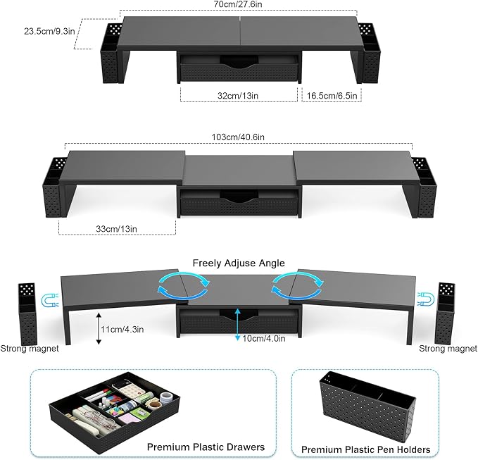 Spacrea Dual Monitor Stand Riser with Drawer and 2 Pen Holders | Monitor Riser Desk Organizers and Accessories,Desk Accessories & Workspace Desktop Organizers for Office Supplies (Black) - Image 5