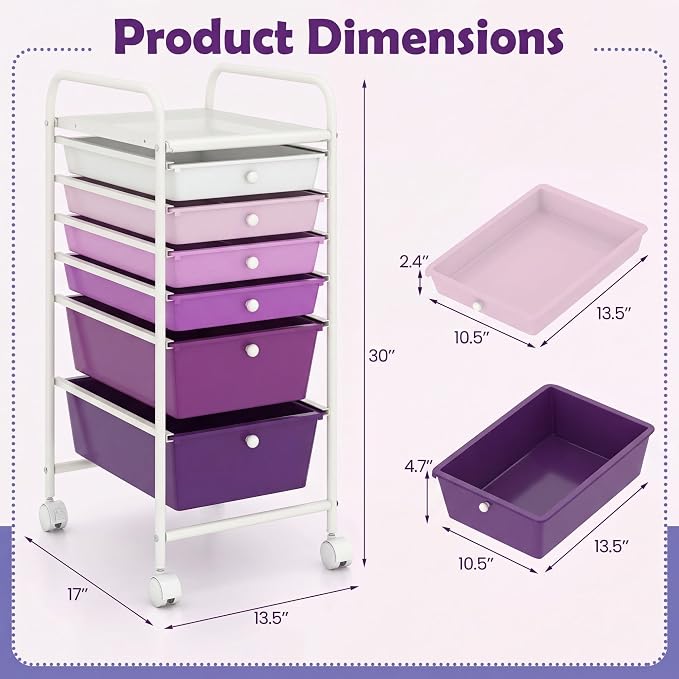 COSTWAY 6-Drawer Rolling Storage Cart, Art Craft Tools Organizer on Wheels | Multifunctional Heavy Duty Utility Mobile Storage Trolley w/ 2 Lockable Wheels for Home Office School (Purple Gradient) - Image 3