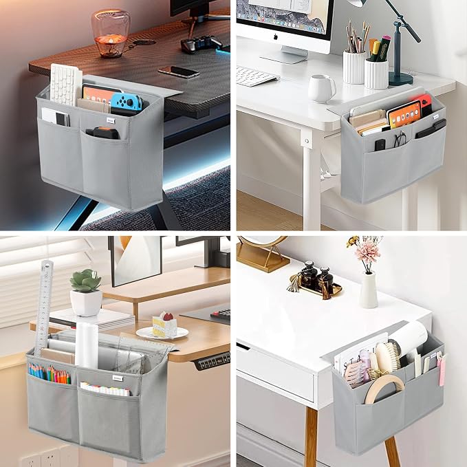 2 Pack Desk Side Hanging Organizer, Adhesive Storage Bag with Pockets for Magazine Ipad Notebook, for End Tables Home Office Desks Computer Workstations Dressing Table, Grey - Image 5
