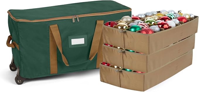 Covermates Keepsakes Rolling Adjustable Ornament Storage Bag – Heavy-Duty Polyester, FlexGrid Trays & Padded Dividers – Protective Holiday Organizer with Wheels, Handles & ID Window, Green by Covermates